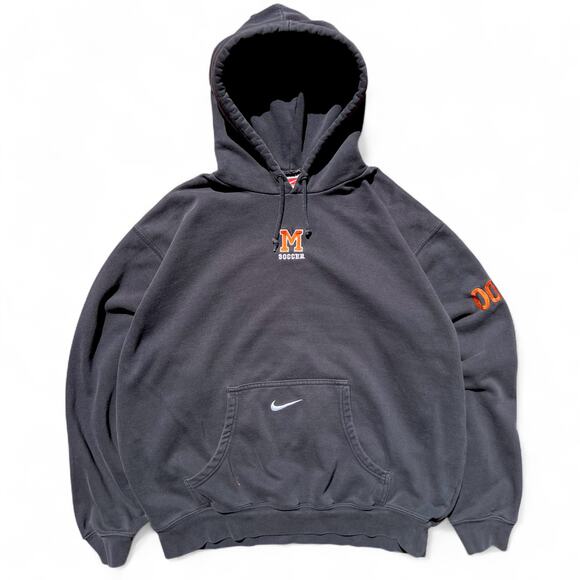 Vintage Nike Soccer M 00 Center Swoosh Hoodie Sweatshirt Black Orange L School - Picture 1 of 8
